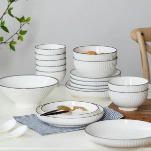 Ceramic White Bowl and Plate with Black Rim Set Hotel Restaurant Dining Hall Soup Dish Tableware Dinnerware Set - Image 1