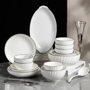 Ceramic White Bowl and Plate with Black Rim Set Hotel Restaurant Dining Hall Soup Dish Tableware Dinnerware Set - Image 5
