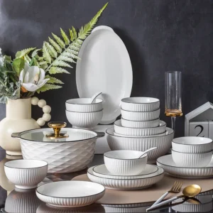 Ceramic White Bowl and Plate with Black Rim Set Hotel Restaurant Dining Hall Soup Dish Tableware Dinnerware Set - Image 6