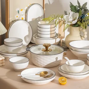 Ceramic White Bowl and Plate with Black Rim Set Hotel Restaurant Dining Hall Soup Dish Tableware Dinnerware Set - Image 2