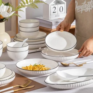 Ceramic White Bowl and Plate with Black Rim Set Hotel Restaurant Dining Hall Soup Dish Tableware Dinnerware Set - Image 3