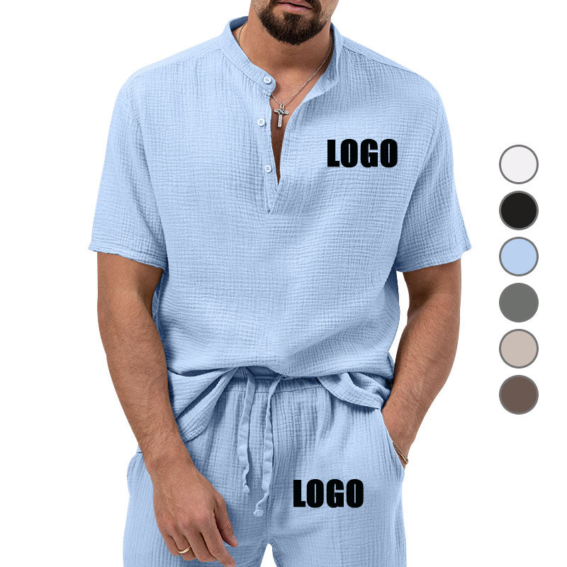 Custom Sportswear Two Piece Short Set Embroidery Casual Botton Short Label Sleeved Solid Color Sports Suit Joggers Men Shorts S