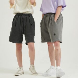 100% Cotton Heavyweight High Street French Terry Blank Hip Hop Vintage Torn Washed Shorts - Image 4