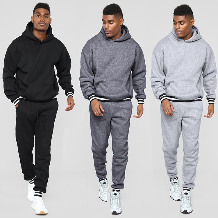 Solid Color Hooded Casual Sports Set Winter Contrast Color Spliced Sweatshirt Men Two Piece Set