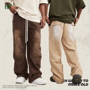 High-quality Washed Casual Street Wear Work Wash Gradually Drawn Rope Tied Feet Woven Logging Overalls Trend Pant - Image 2