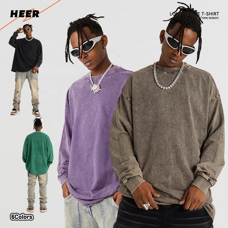 High Quality Custom Oversized Acid Wash Drop Shoulder Crew Neck Sweatshirt Long Sleeve Tshirt