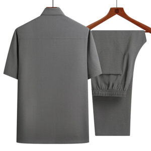 Men's Short Sleeve Shirt + Long Pants Suits Summer Clothes Lapel Button Solid Color 2 Piece Set Breathable Men's Casual Suits - Image 2
