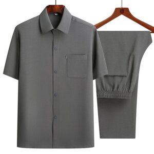Men's Short Sleeve Shirt + Long Pants Suits Summer Clothes Lapel Button Solid Color 2 Piece Set Breathable Men's Casual Suits - Image 1