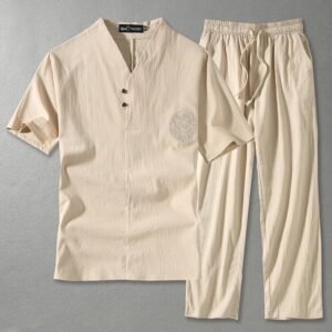 Men's Clothing Large Size Home Husband 2024 New Summer Suit Linen T-shirt Fashion Male Set Chinese Style 8XL 9XL Plus Two Pieces - Image 1
