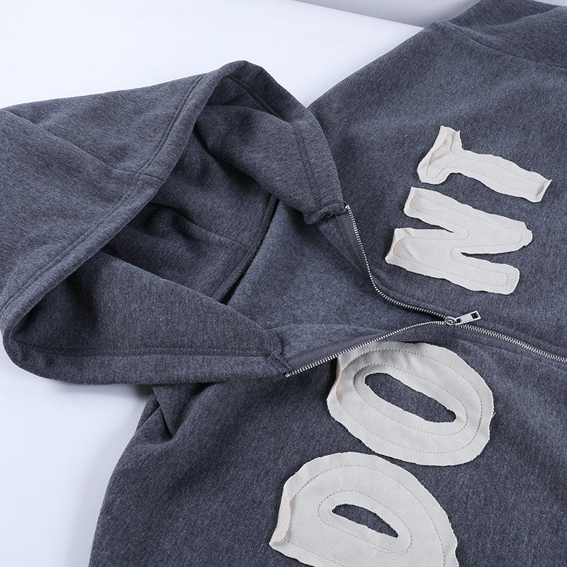 Manufacturer Affixed Cloth Embroidered Distressed Patch Heavyweight Stone Acid Wash Custom Zip up Hoodie