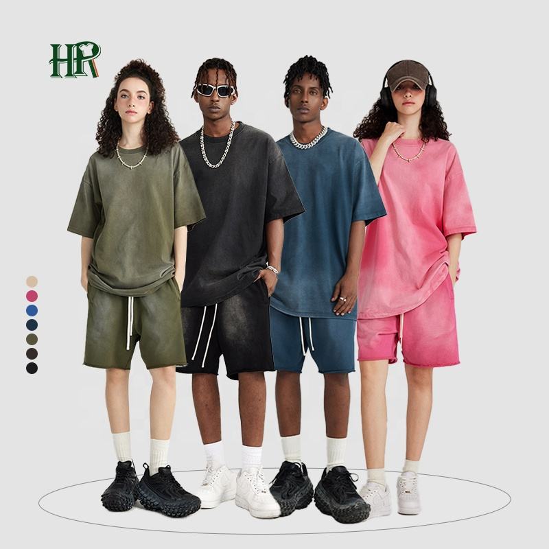 Plain 2 Piece Set Mens T Shirt and Shorts Sets Washed Oversize 100% Cotton T Shirts Short Set Sweat