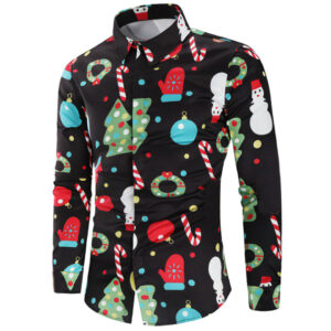 Fashion Shirts for Male Men Casual Snowflakes Santa Candy Printed Christmas Shirt Top Blouse Men's Clothing Chemise - Image 1