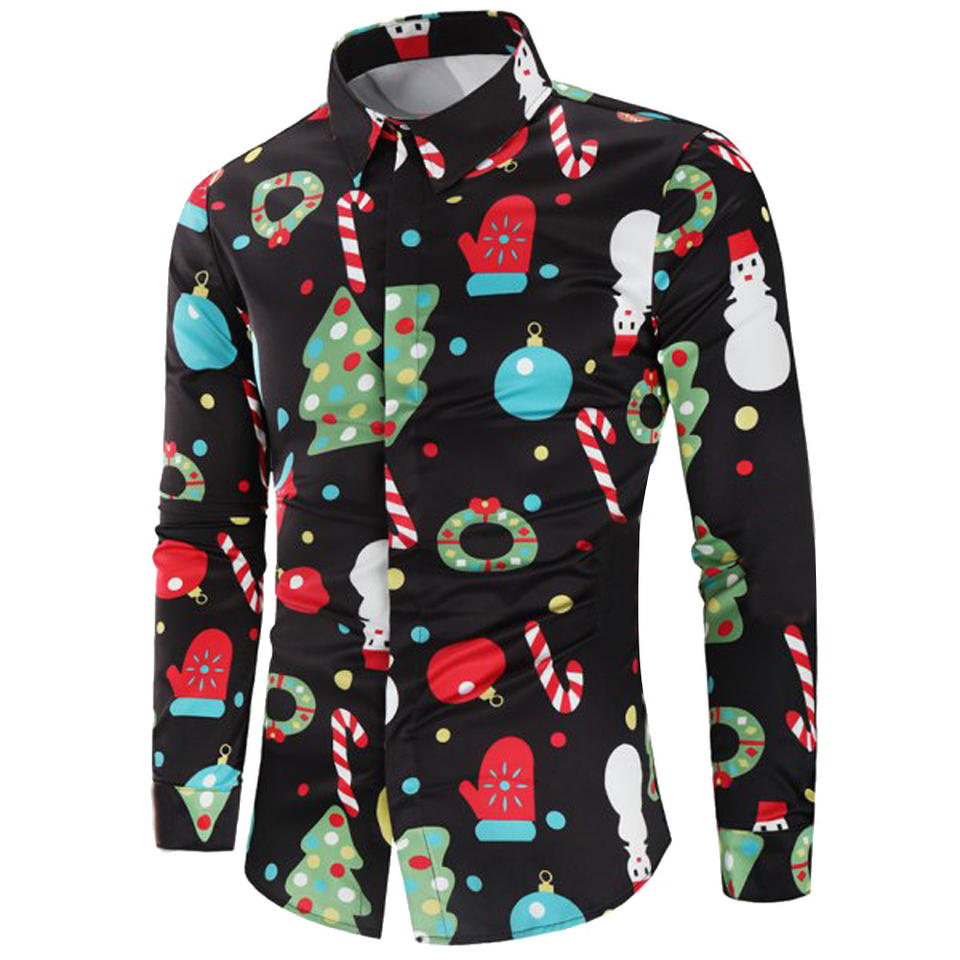 Fashion Shirts for Male Men Casual Snowflakes Santa Candy Printed Christmas Shirt Top Blouse Men's Clothing Chemise