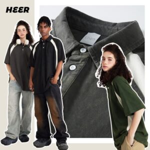 High Quality Custom Oversize T Shirt 285 Grams Wash Color Contrast Raglan Sleeve Polo T-shirt - Image 1