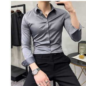New Fashion Autumn Solid Color Long Sleeve Dress Men Clothes Shirts for Men Slim - Image 3