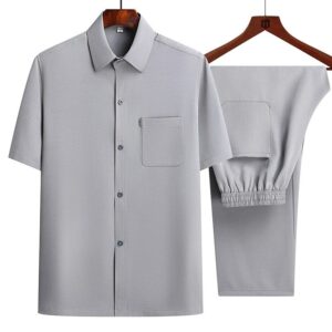 Men's Short Sleeve Shirt + Long Pants Suits Summer Clothes Lapel Button Solid Color 2 Piece Set Breathable Men's Casual Suits - Image 3