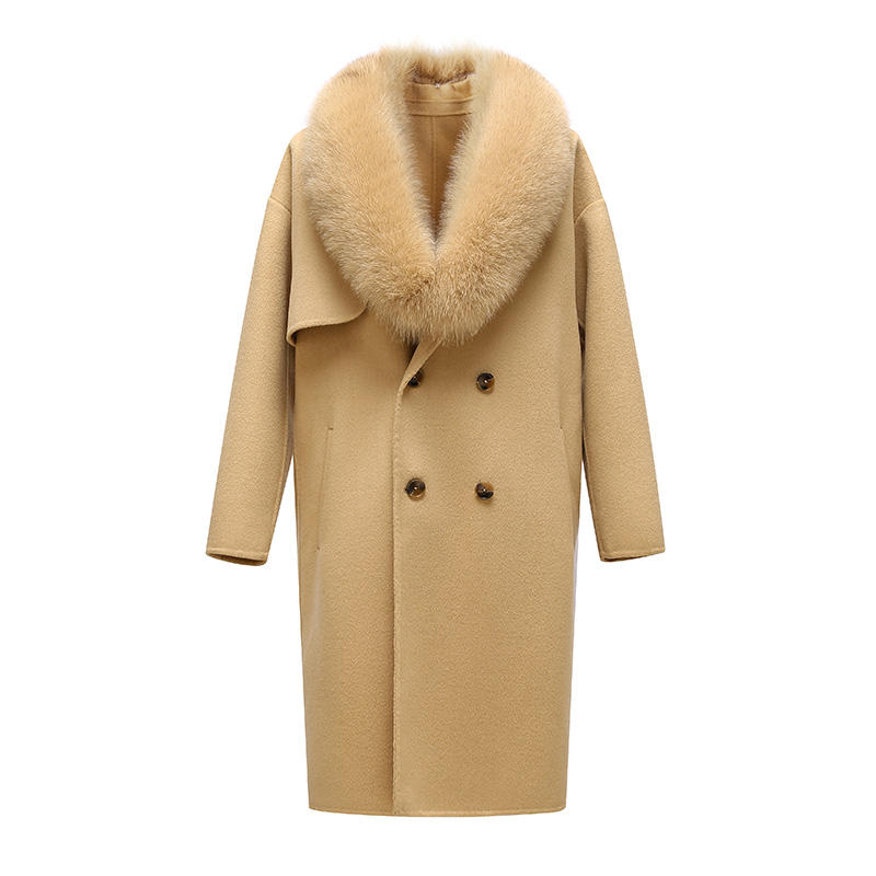 Classic Solid Color Wool Cashmere Coat Winter Warm Long Men Wool Coat With Fox Fur Collar