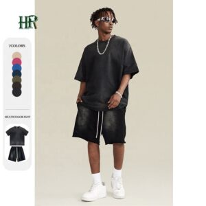 Plain 2 Piece Set Mens T Shirt and Shorts Sets Washed Oversize 100% Cotton T Shirts Short Set Sweat - Image 2