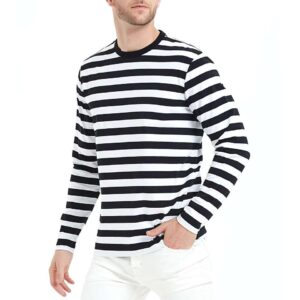 Mens Shirt Black White Casual Cotton Spandex Striped Crewneck Long-Sleeve T-Shirts Basic Pullover Striped Men - Image 1