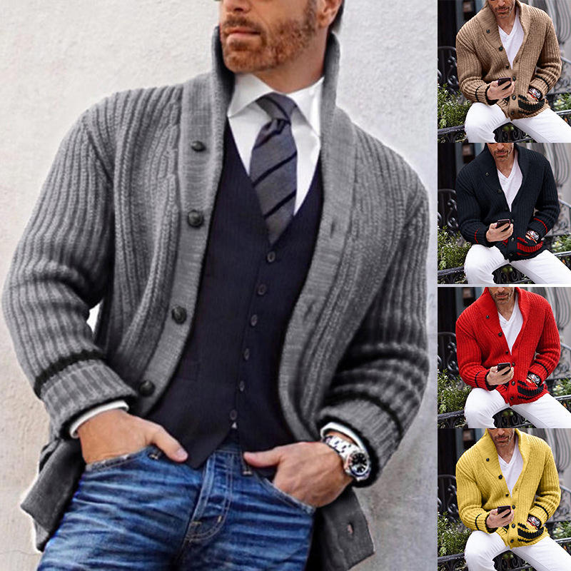 Autumn and Winter Sweater Men's Leisure Pure Color Half Collar Long Sleeve Knitted Coat Cardigan Men's Clothes