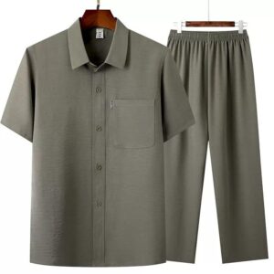 Men's Short Sleeve Shirt + Long Pants Suits Summer Clothes Lapel Button Solid Color 2 Piece Set Breathable Men's Casual Suits - Image 5