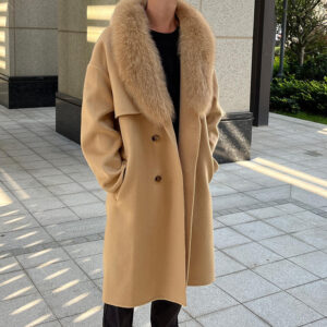 Classic Solid Color Wool Cashmere Coat Winter Warm Long Men Wool Coat With Fox Fur Collar - Image 3