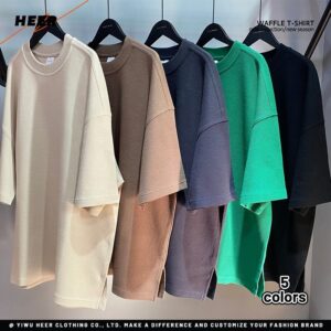 Custom New Waffle Fabric 260gsm Heavy Weight Cotton Tshirt With Split Hem Oversized Knit  Short Sleeve - Image 3