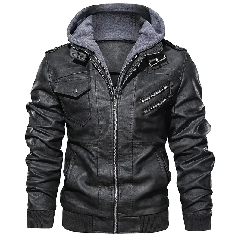 Casual Jacket  Motorcycle Jacket with Hat Windproof Winter Men's Pu Leather Wholesale Bulk Men Clothing Hoodie Active Wear