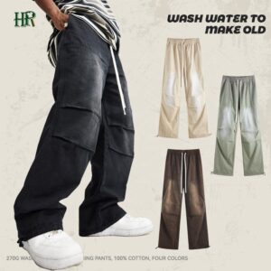 High-quality Washed Casual Street Wear Work Wash Gradually Drawn Rope Tied Feet Woven Logging Overalls Trend Pant - Image 3