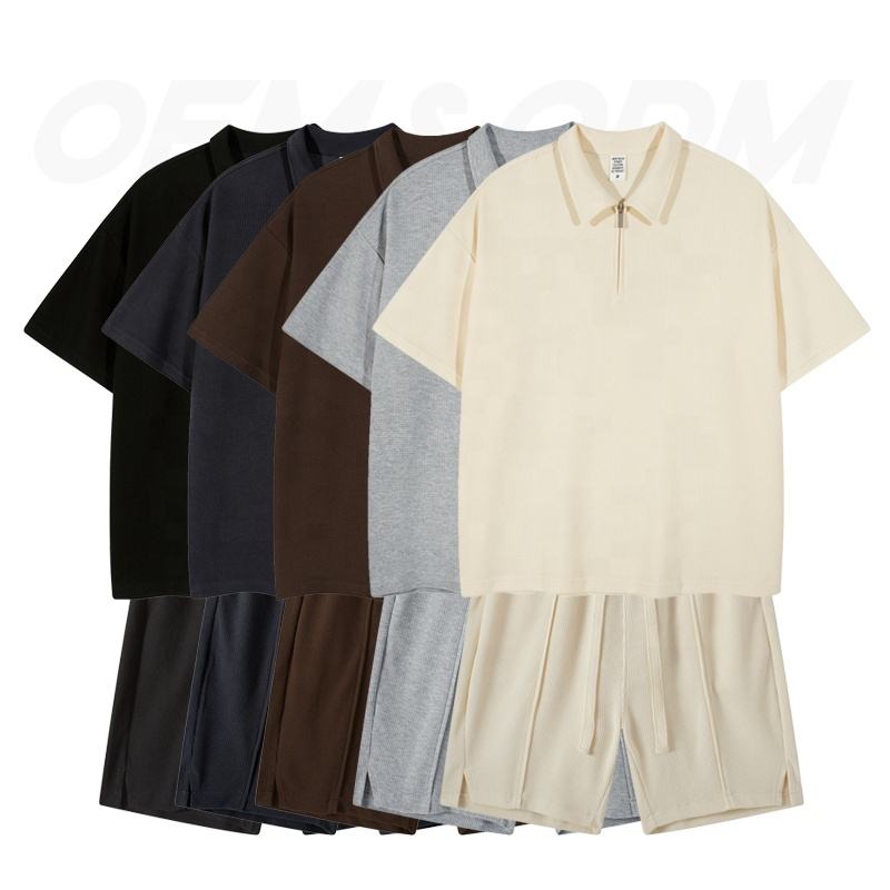 2022 Summer Plain Custom Fitness Fashion Casual Short Set Lapel Waffle Plus Size Men's Sets