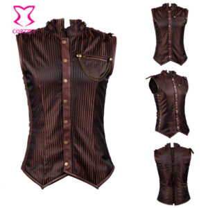 Stripe Cotton Stand Collar Sleeveless Brown Men's Corset Korsllet Steampunk Vest Men Gothic Clothing Jackets - Image 1