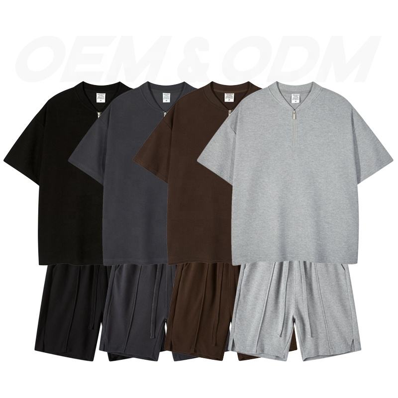 Custom Summer Street Fashion Casual T-shirt Short Set Stand Collar Waffle Plus Size Men's Sets