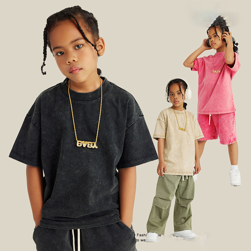 Solid Color Kids Vintage t Shirt High Quality 270gsm Heavycotton Drop Shoulder T-shirts Custom Design