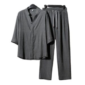 Men Clothing Sets Casual Half Sleeve Shirt and Drawstring Pant Set - Image 1
