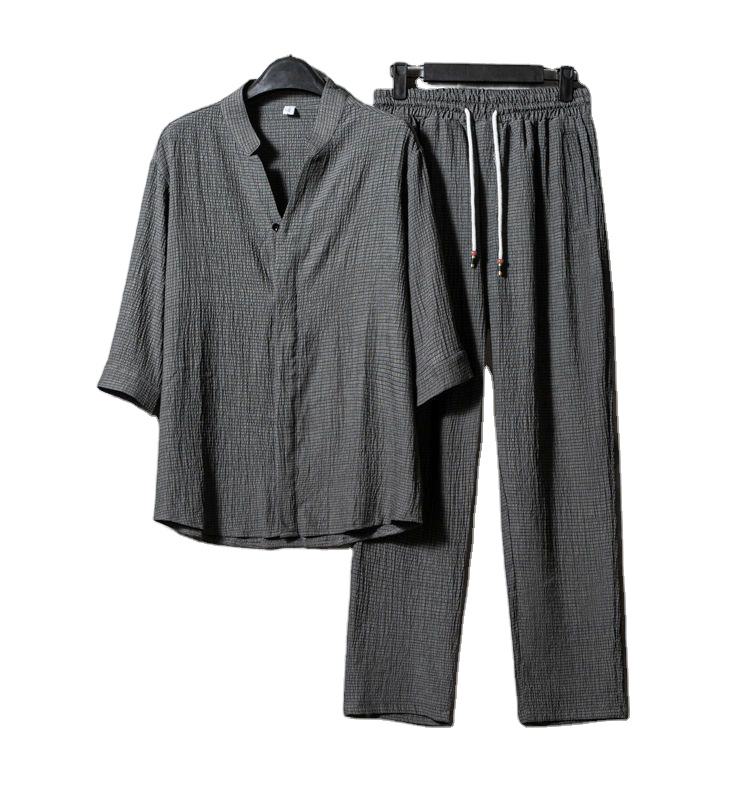 Men Clothing Sets Casual Half Sleeve Shirt and Drawstring Pant Set