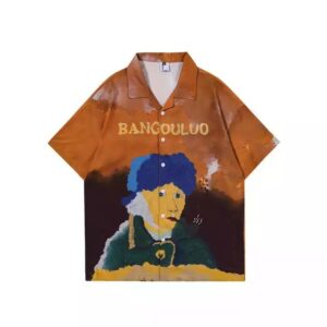 Men's Summer Trend Street Brand Loose Half-Sleeved Clothing Cartoon Character Oil Painting Short-Sleeved Shirt Men - Image 1