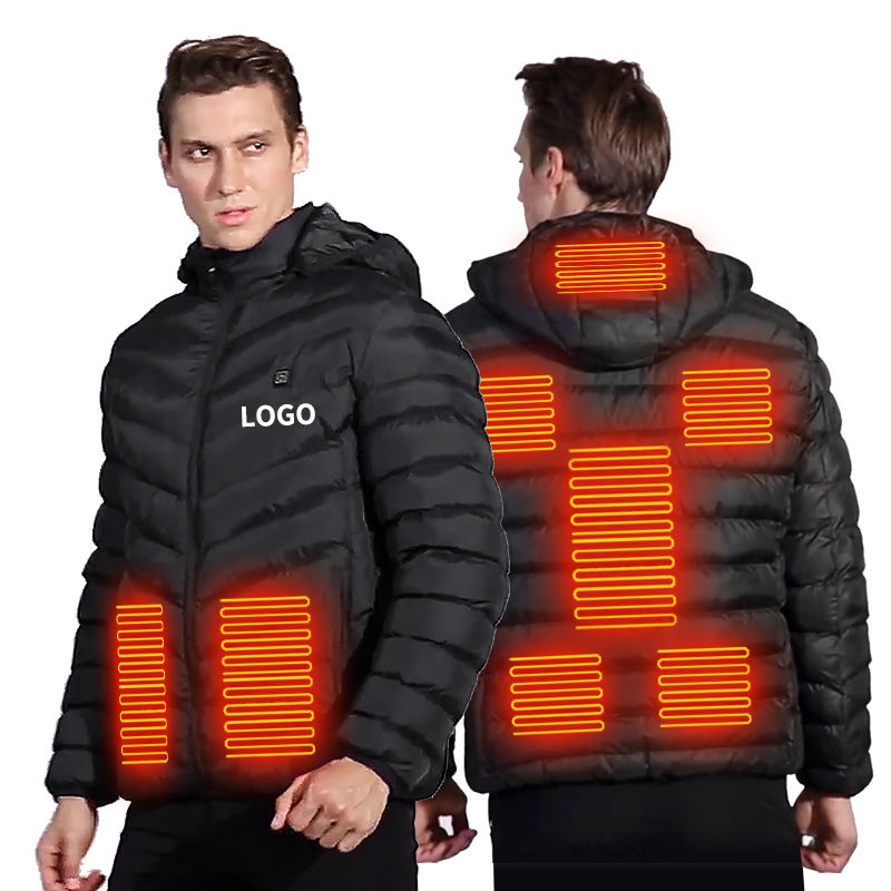 Black Men Custom Logo Battery Electric Heated Jacket 8 Zone Usb Heating Washable Winter Stand Woven Print Pattern Quilted Jacket