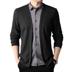 2024 Autumn Collection Men's Casual Business T-Shirt Knitted Cardigan Imitating Two-Piece Shirt Collar Coat New Men's Clothing - Image 1