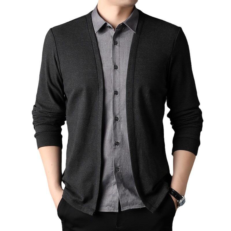 2024 Autumn Collection Men's Casual Business T-Shirt Knitted Cardigan Imitating Two-Piece Shirt Collar Coat New Men's Clothing