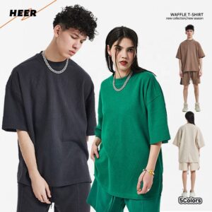 Custom New Waffle Fabric 260gsm Heavy Weight Cotton Tshirt With Split Hem Oversized Knit  Short Sleeve - Image 1