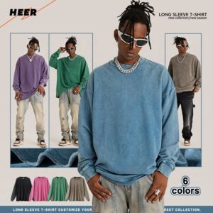 High Quality Custom Oversized Acid Wash Drop Shoulder Crew Neck Sweatshirt Long Sleeve Tshirt - Image 2