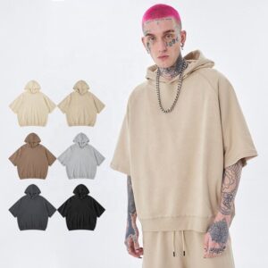 Mens Short Sleeve Blank Pullover Hoodie T-shirt With Hood Men's Oversized Solid Color Baggy Boxy T-shirt & Hoodie - Image 1