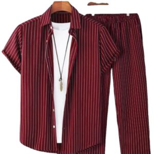 S-2XL  New Men's Short Sleeved Cardigan Collar Shirt and Pants Set Men's Fashion Stripe Set - Image 1