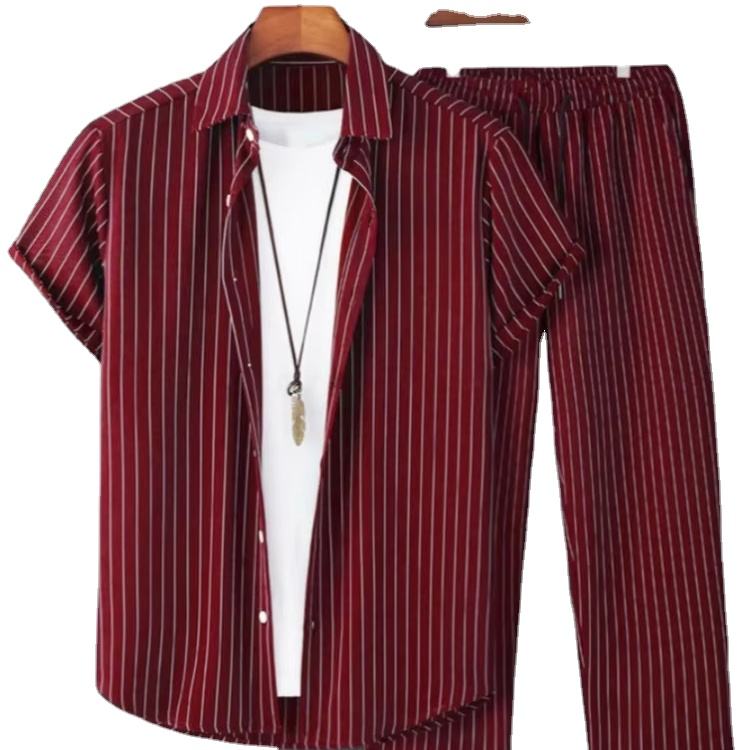 S-2XL  New Men's Short Sleeved Cardigan Collar Shirt and Pants Set Men's Fashion Stripe Set