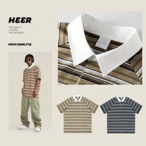 Polo Cotton Men High Street Oversized T Shirt Short Sleeve Striped Sport Custom Man T-shirt - Image 1