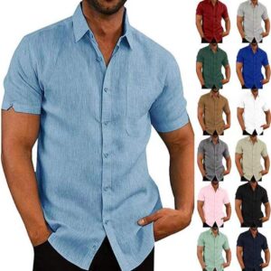 Wholesale 2024 Summer Men's Wear Polo Collar Solid Short Sleeve Button Linen Shirt Men's T-shirt - Image 1