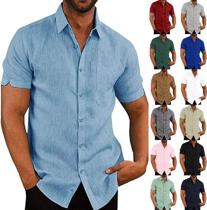 Wholesale 2024 Summer Men's Wear Polo Collar Solid Short Sleeve Button Linen Shirt Men's T-shirt