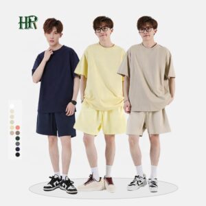 Summer Custom Logo Oversized Shirts Men Boxy Fit Tee 100% Cotton Plain Shorts and Shirt Set for Men - Image 1