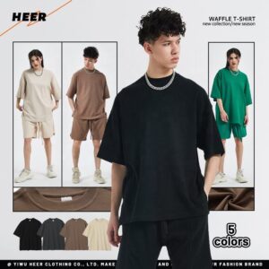 Custom New Waffle Fabric 260gsm Heavy Weight Cotton Tshirt With Split Hem Oversized Knit  Short Sleeve - Image 2