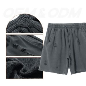 100% Cotton Heavyweight High Street French Terry Blank Hip Hop Vintage Torn Washed Shorts - Image 2